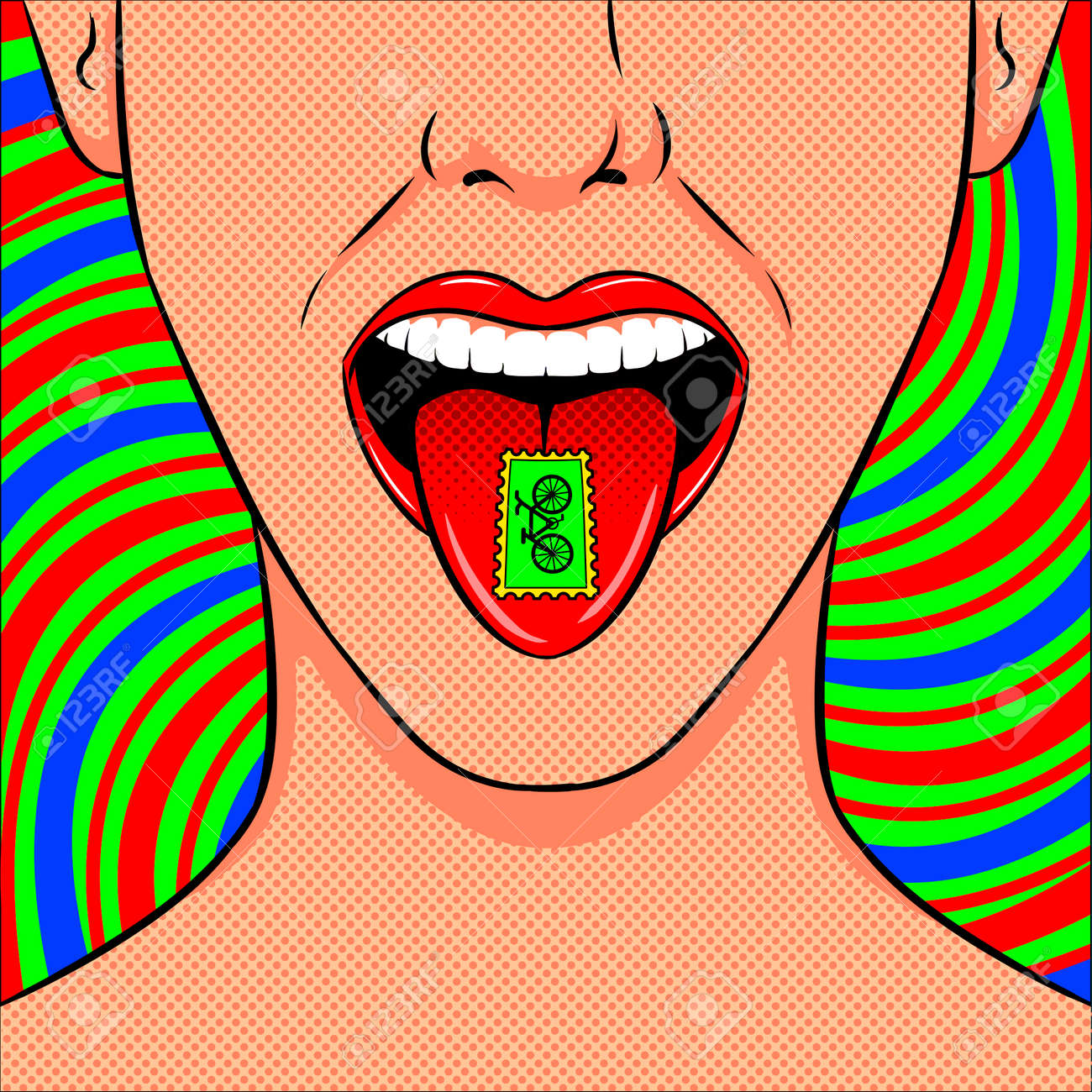 stamp with lsd drug on tongue pop art retro vector illustration