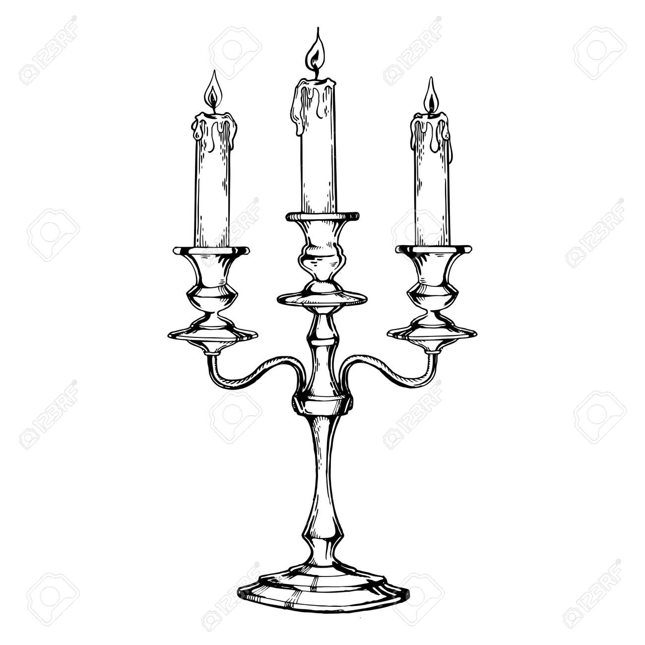 vintage candelabrum with candles engraving vector stock photo
