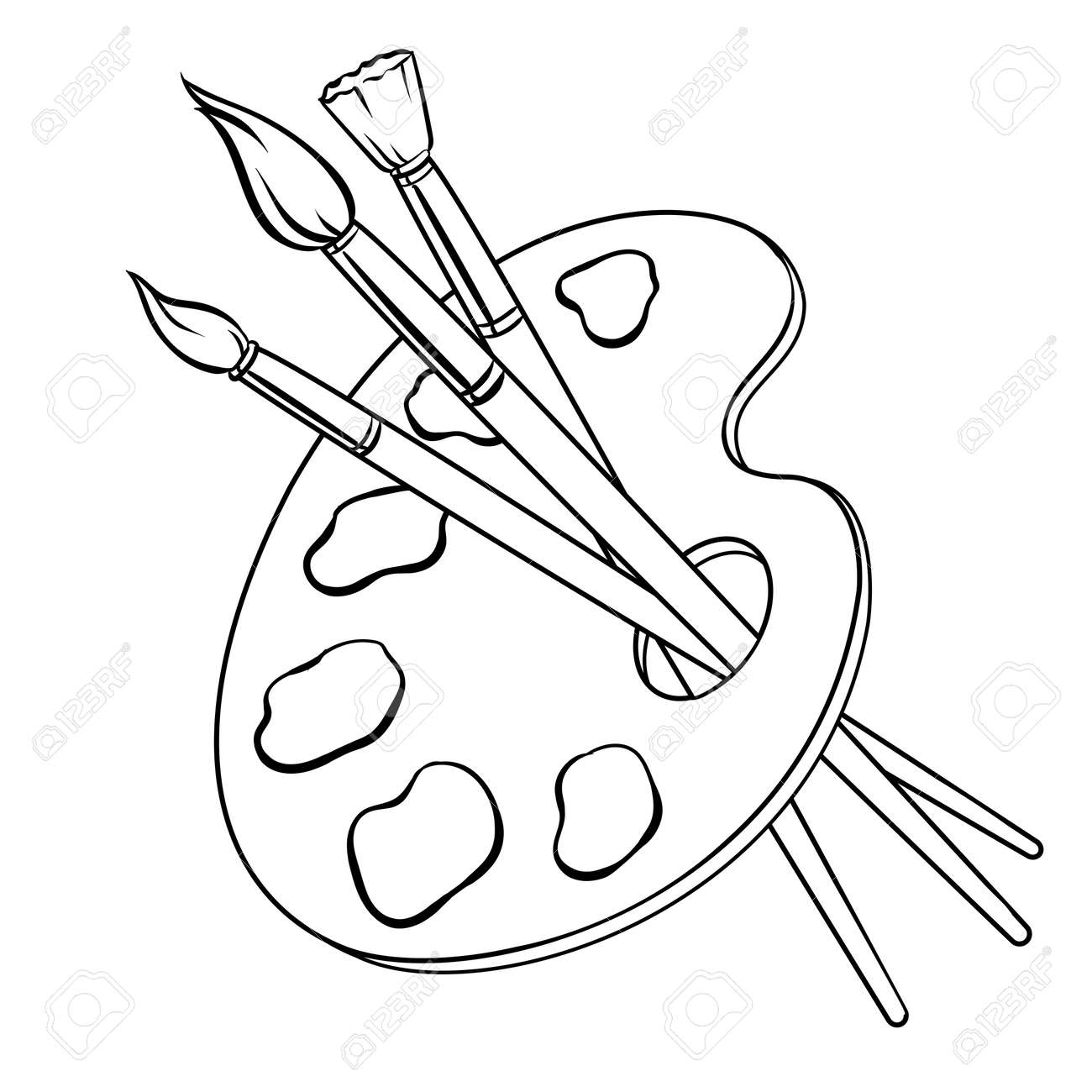 Palette with paints and brushes coloring book vector illustration. Comic book style imitation. - 92435592 Palette with paints and brushes coloring book vector illustration. Comic book style imitation. - 92435592