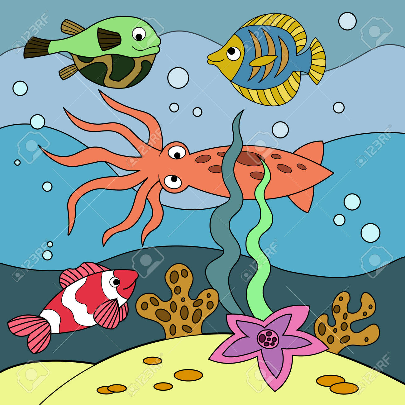 Dibujos Animados De Vida Submarina Para Colorear Ilustración Vectorial.  Imagen En Color. Ilustraciones svg, vectoriales, clip art vectorizado libre  de derechos. Image 96837635