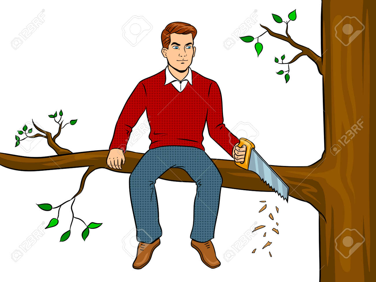 男は木の枝を見て ポップアートベクターに座る のイラスト素材 ベクタ Image