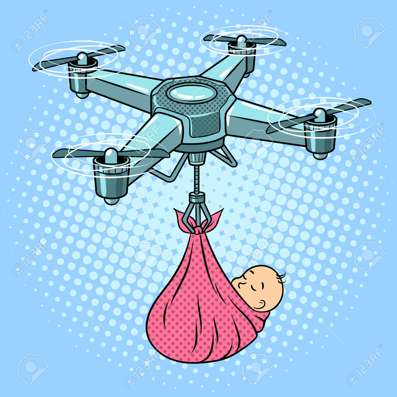 Quadrocopter drone carries newborn baby as stork pop art retro vector illustration. Comic book style imitation. - 99972516 Quadrocopter drone carries newborn baby as stork pop art retro vector illustration. Comic book style imitation. - 99972516
