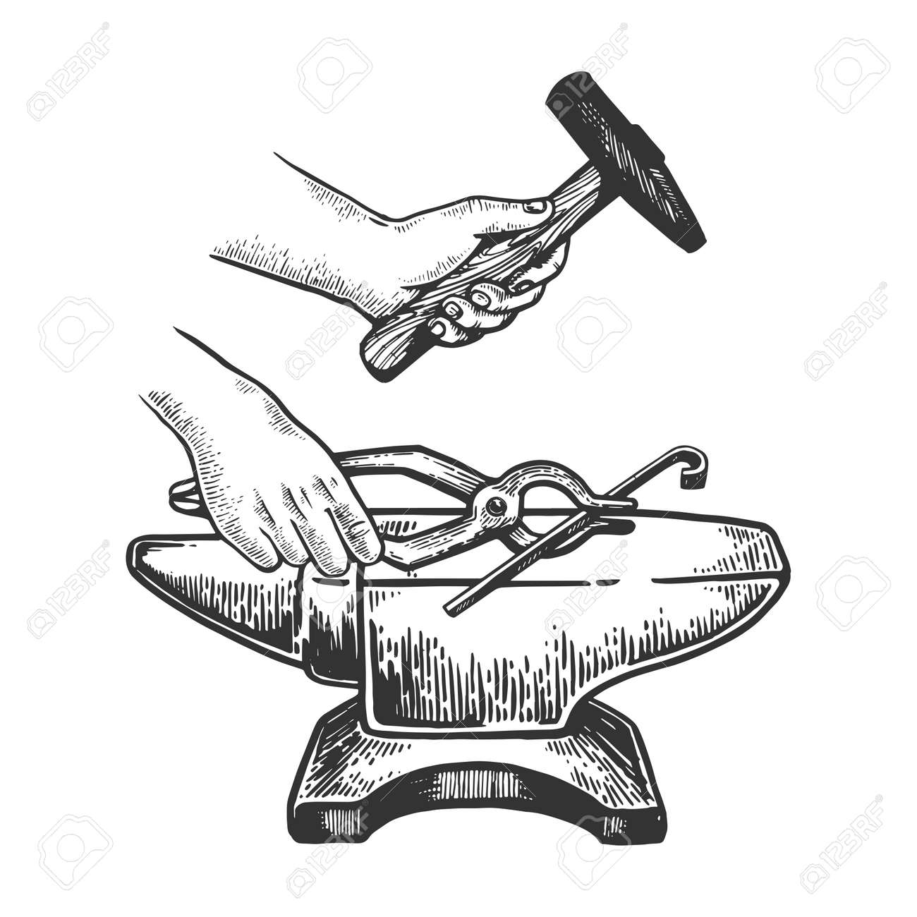 Blacksmith works on anvil with hammer engraving vector illustration. Scratch board style imitation. Black and white hand drawn image. - 107923211 Blacksmith works on anvil with hammer engraving vector illustration. Scratch board style imitation. Black and white hand drawn image. - 107923211