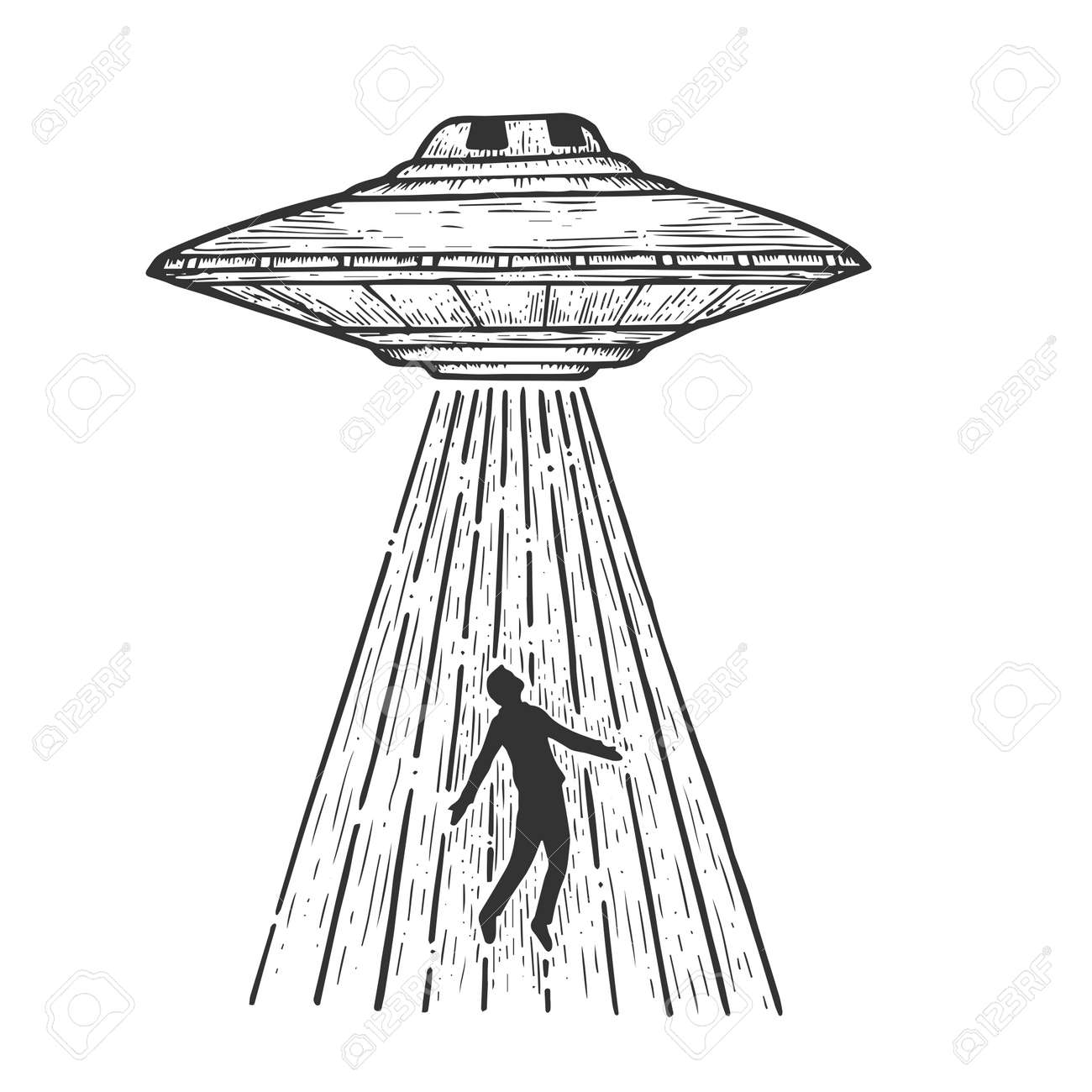 Ufo Flying Saucer Kidnaps Human Person Sketch Line Art Engraving