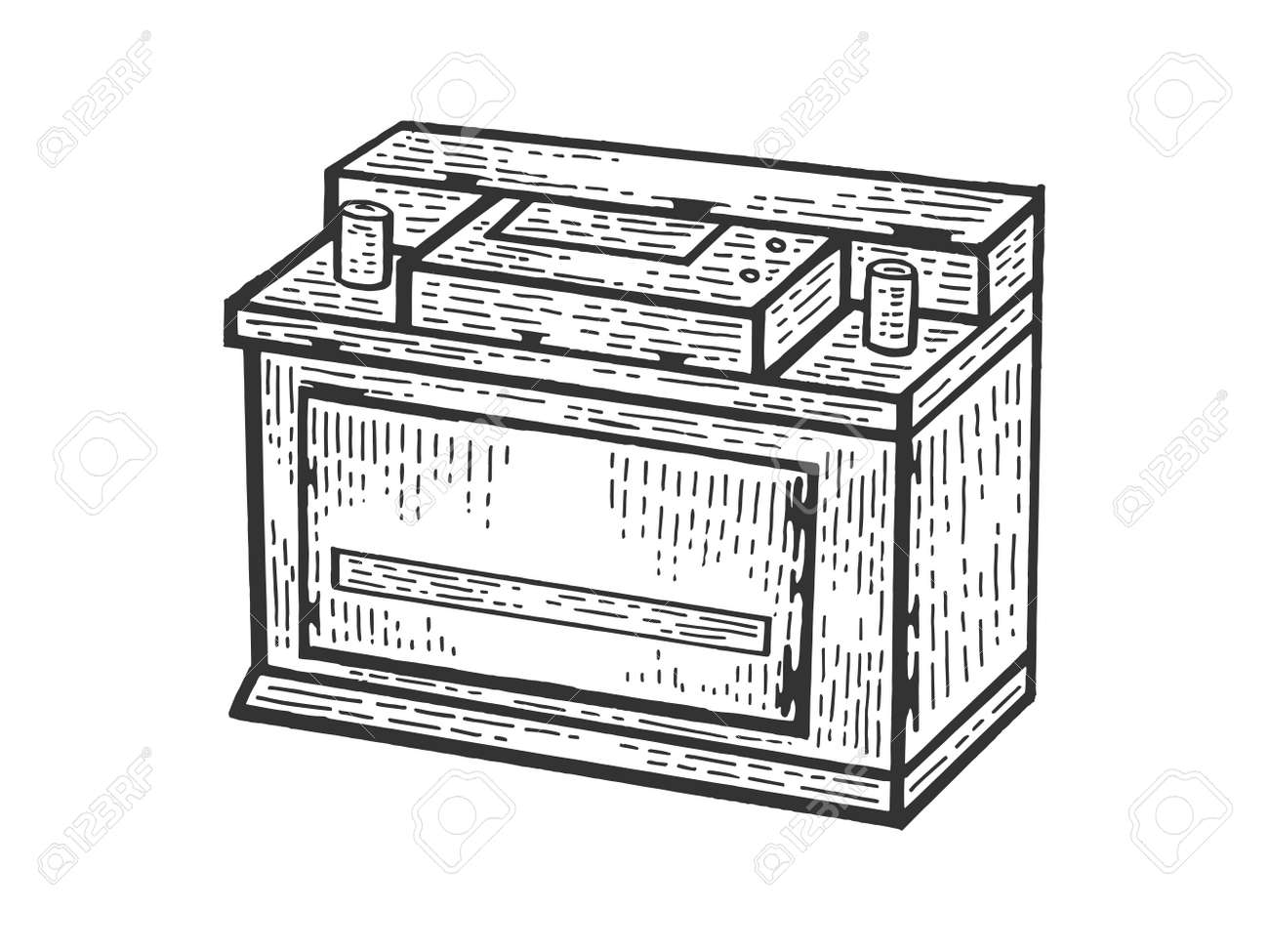 Automotive Rechargeable Car Battery Sketch Engraving Vector Illustration