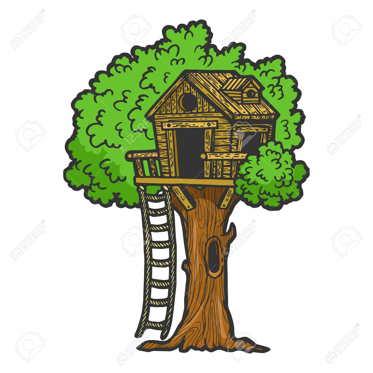 Tree House For Children Color Sketch Engraving Vector Illustration
