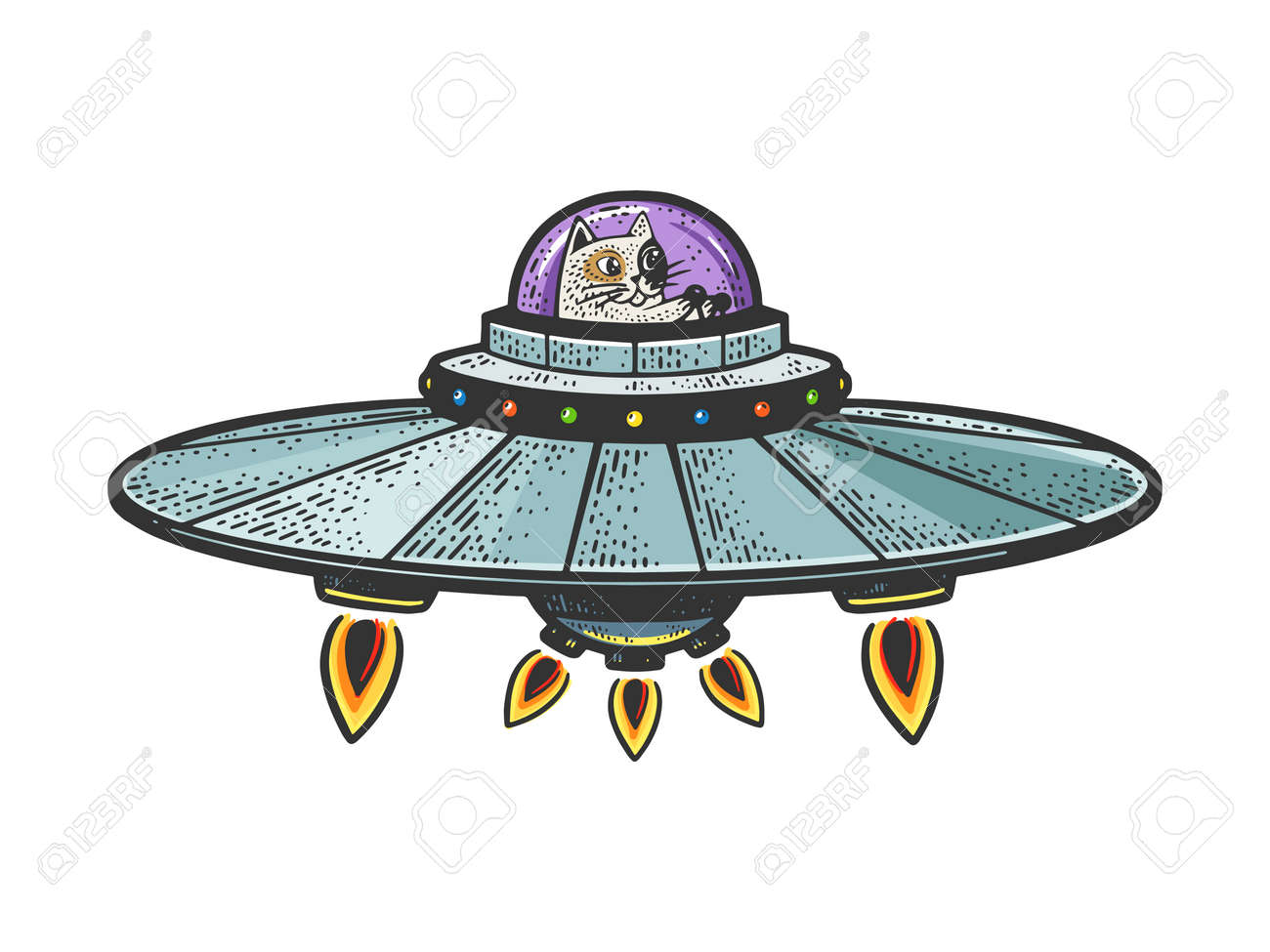 Cartoon Cat Fly On UFO Flying Saucer Spaceship Color Line Art Sketch  Engraving Vector Illustration. T-shirt Apparel Print Design. Scratch Board  Imitation. Black And White Hand Drawn Image. Клипарты, SVG, векторы, и