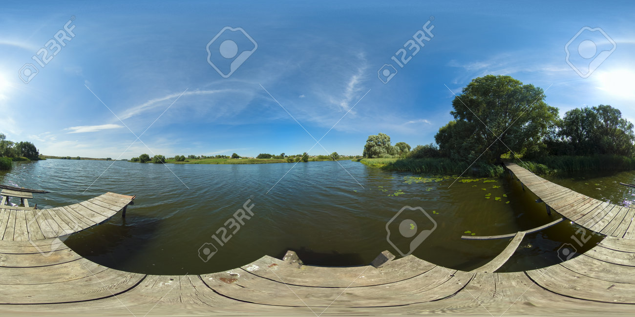 Summer landscape: lake with pier on the background of blue sky and clouds. 360VR. - 168992217 Summer landscape: lake with pier on the background of blue sky and clouds. 360VR. - 168992217