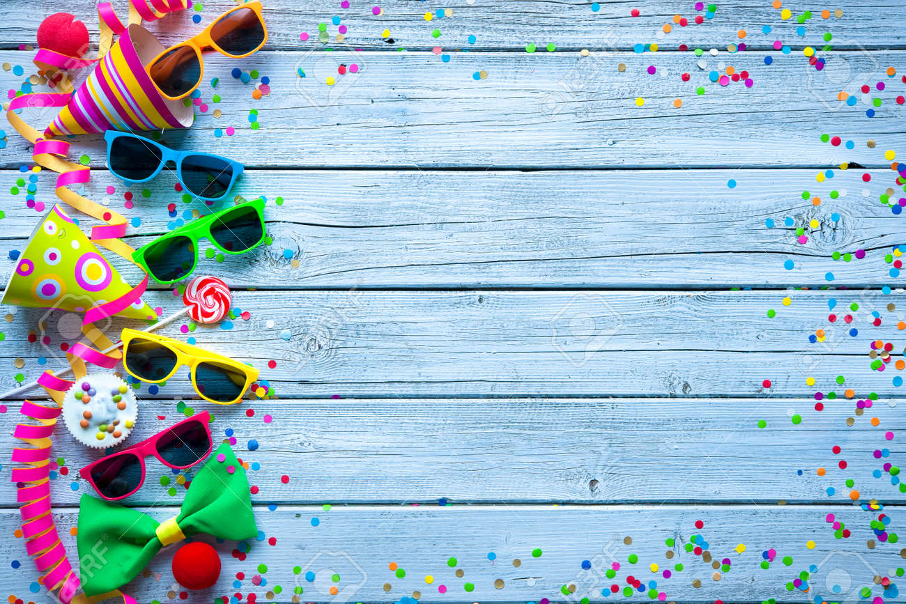 Colorful carnival background with party accessory, streamers and confetti - 50773404 Colorful carnival background with party accessory, streamers and confetti - 50773404