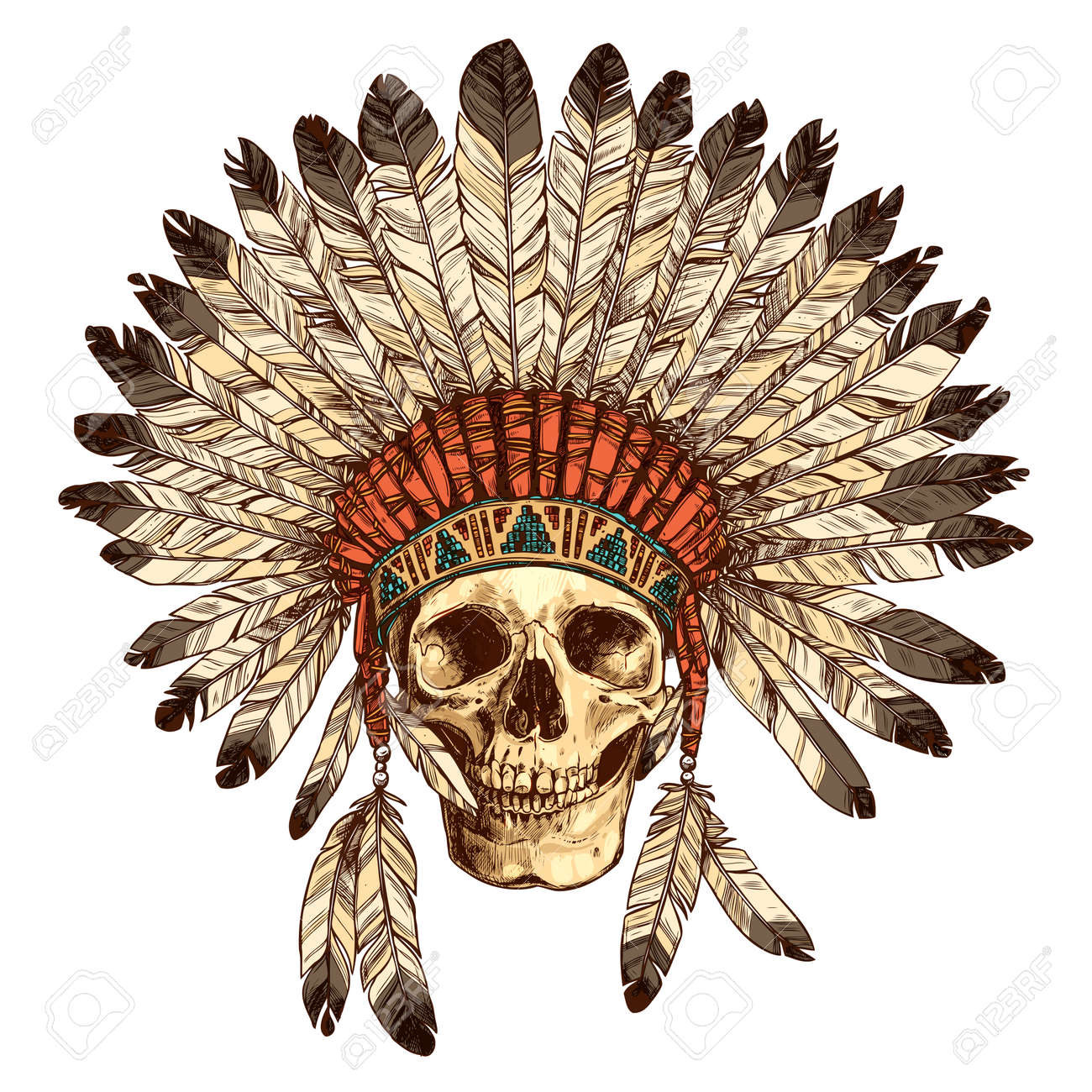 手描き人間の頭蓋骨とのネイティブ アメリカン インドのヘッドドレス インド部族長羽帽子と頭蓋骨のベクトル カラー イラスト のイラスト素材 ベクタ Image