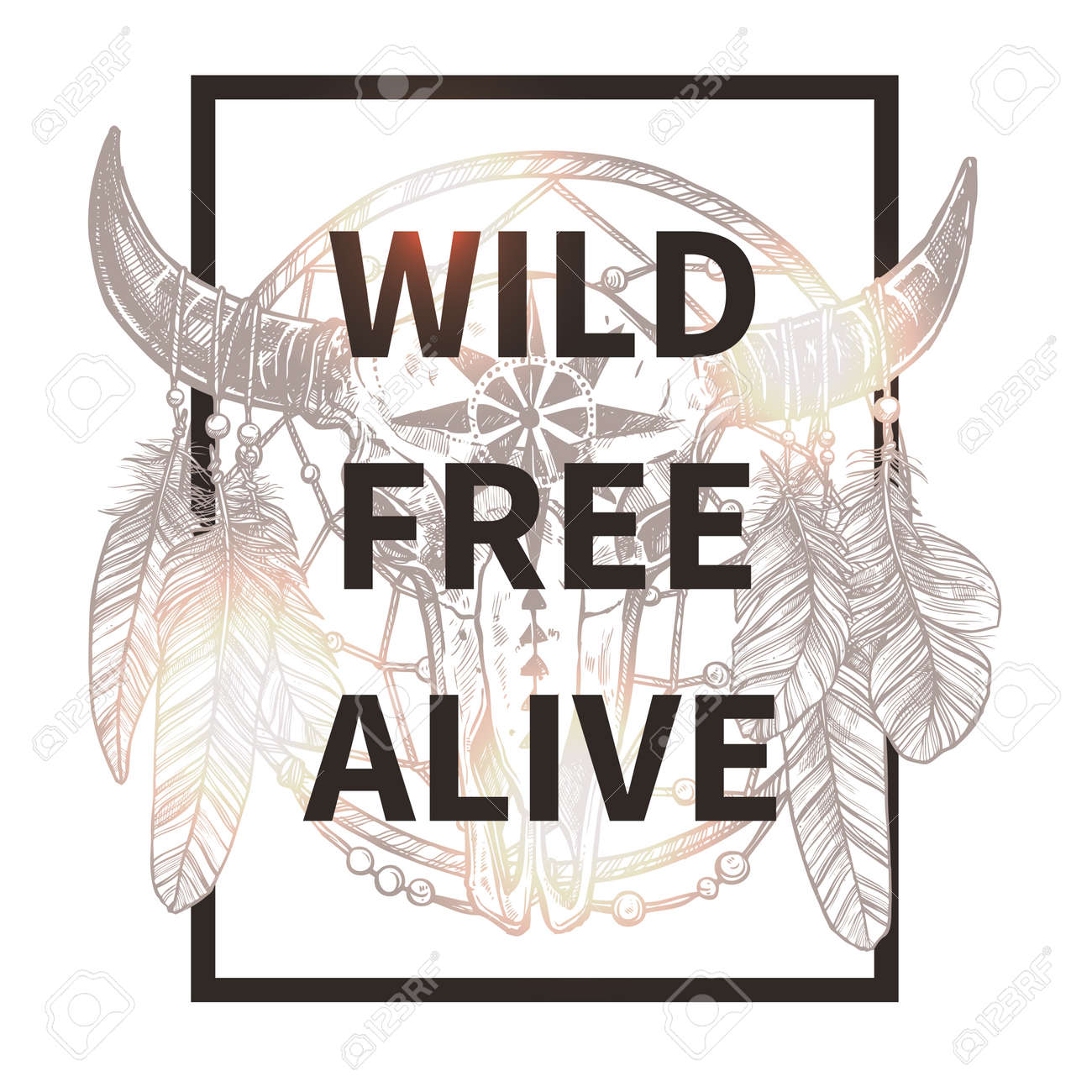 バッファローの頭蓋骨を持つネイティブ アメリカン インディアン トーテム トレンディなデザインしたおしゃれな T シャツのイラスト素材 ベクタ Image 6497