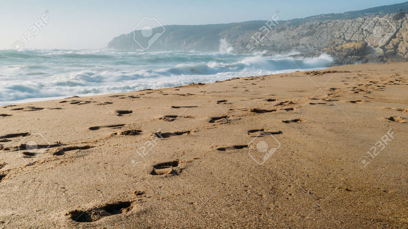 Footsteps At Guincho Beach In Cascais Portugal A Popular Kitesurfing