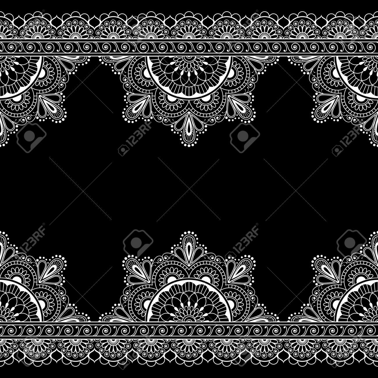 Indiens éléments De Dentelle Ligne Mehndi Henné Avec Carte De Motif De Fleurs Pour Le Tatouage Sur Fond Noir Illustration Vectorielle