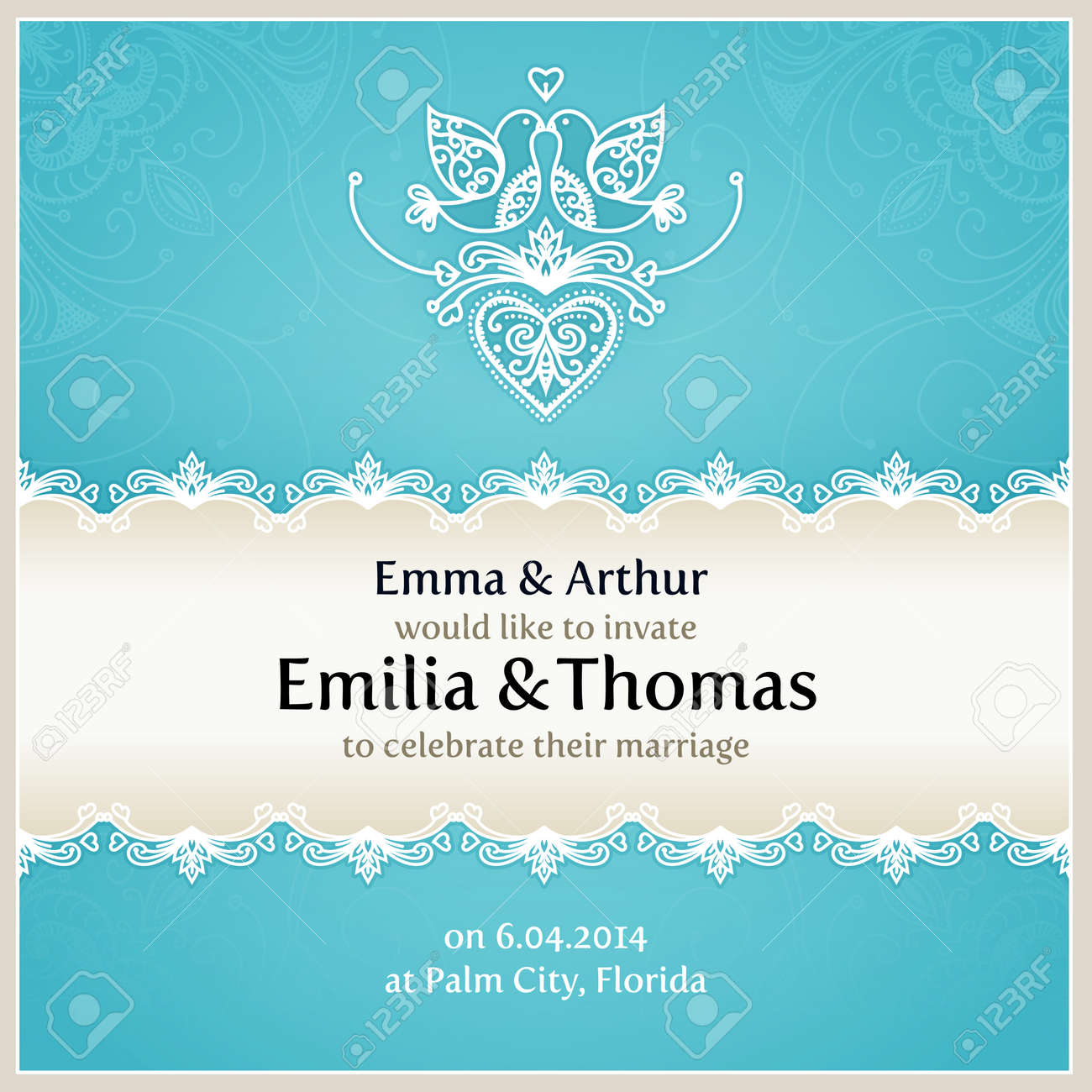 blue wedding invitation design template with doves hearts flowers