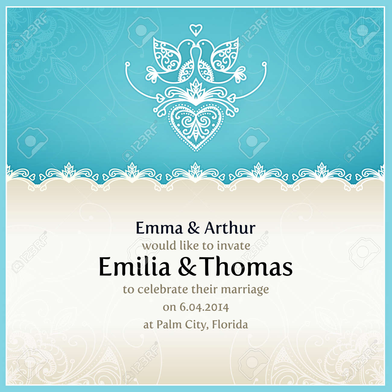blue wedding invitation design template with doves hearts flowers