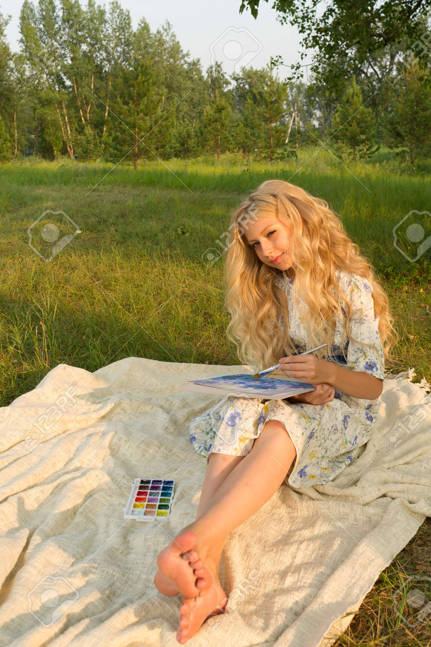 Beautiful Charming Barefoot Long Curly Blonde Hair Teenage Girl