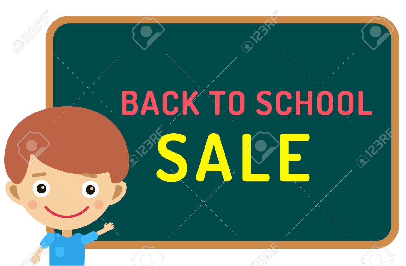 Cute Vector Cartoon Boy Staying Near Classroom Board Back To