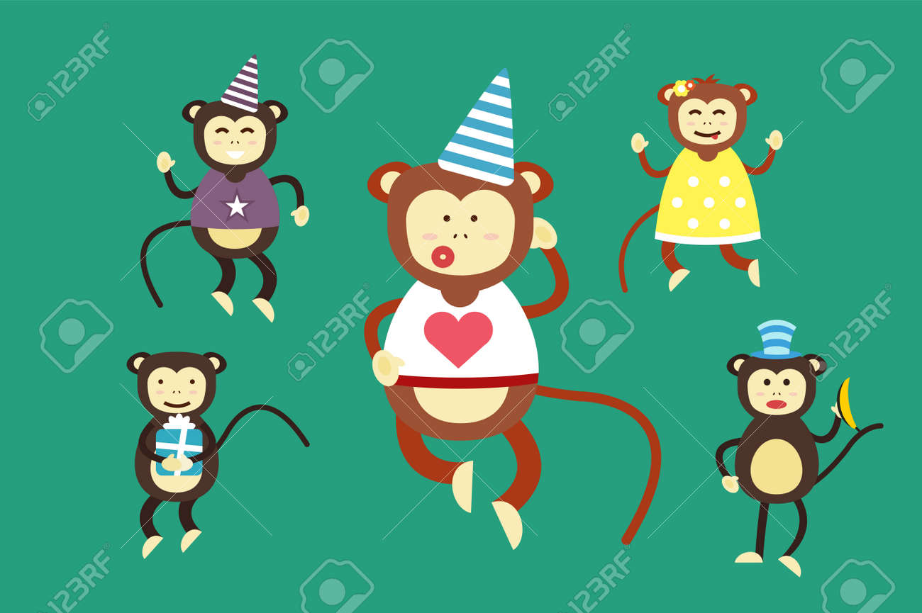 Joyeux Anniversaire Vecteur De Bande Dessinee De Danse De Singe Party Background Singe De Danse De Fete D Anniversaire Happy Face De Singe Chapeaux De Fete De La Banane Saut A Pied Sourire
