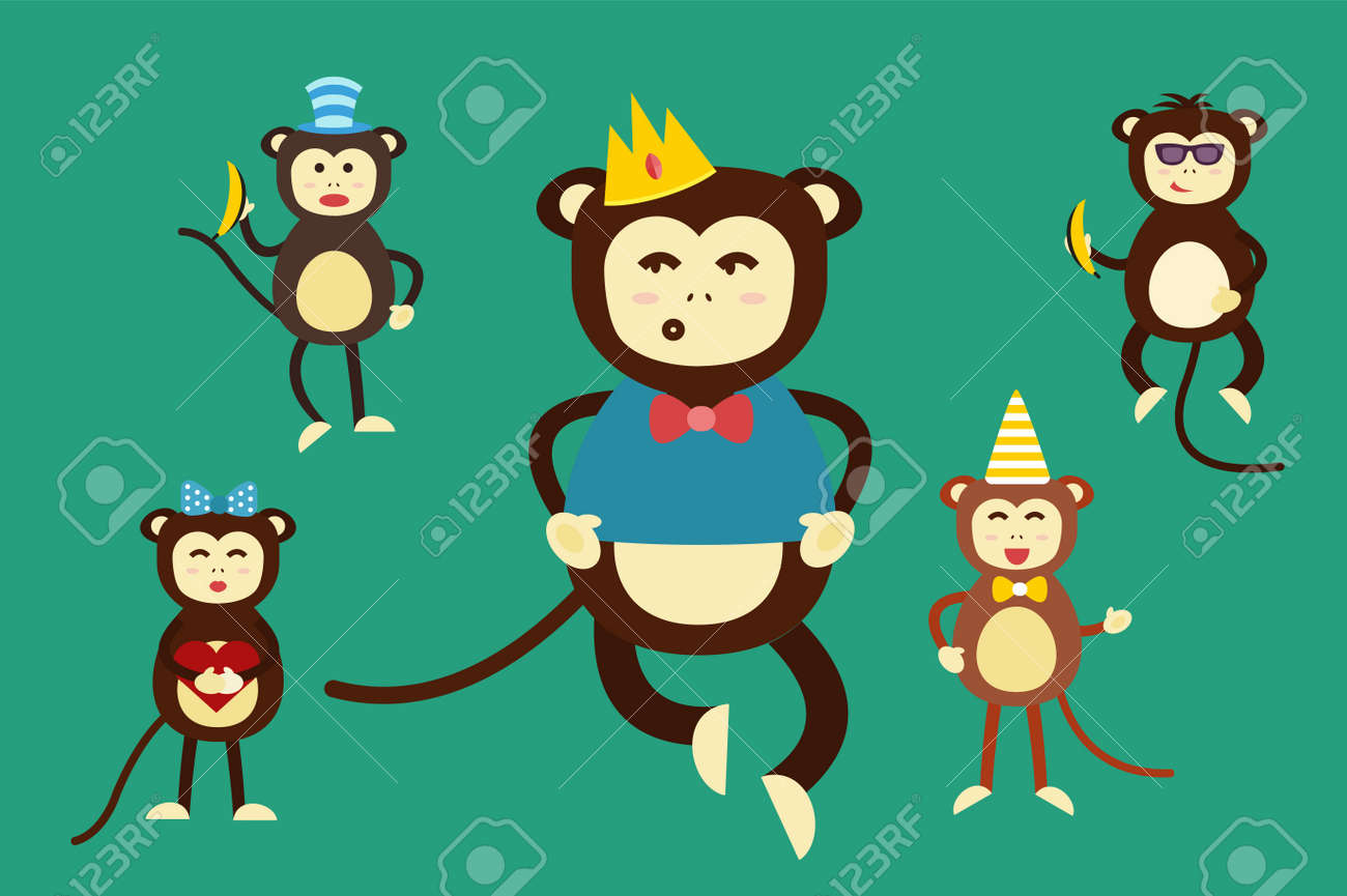 Happy Cartoon Vector Monkey Dancing Party Birthday Background Monkey Party Birthday Dance Happy Monkey Face Party Hats Banana Jump Walk Smile Play Vector Jungle Monkey Animals Cartoon Flat Style Royalty Free Cliparts