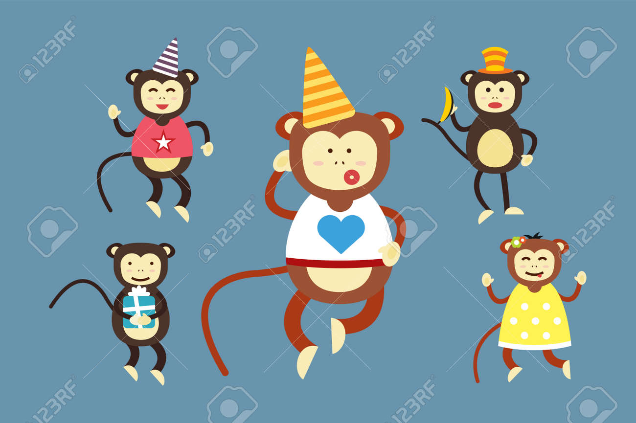 Joyeux Anniversaire Vecteur De Bande Dessinee De Danse De Singe Party Background Singe De Danse De Fete D Anniversaire Happy Face De Singe Chapeaux De Fete De La Banane Saut A Pied Sourire