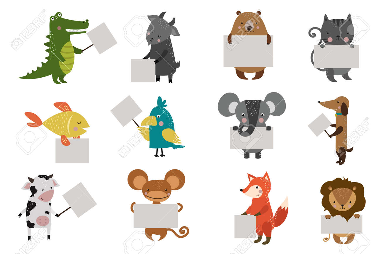 野生動物園ストライクきれいなプレート ボード ベクトル漫画セット ベクトルの野生動物 ジャングルの動物 ペットのシルエット ベクトルの 動物 キツネ ライオン サル 猫と犬 象 ワニ 魚 熊 オウム 牛 ヤギ 海 森の動物を打ちます ベクトル のイラスト