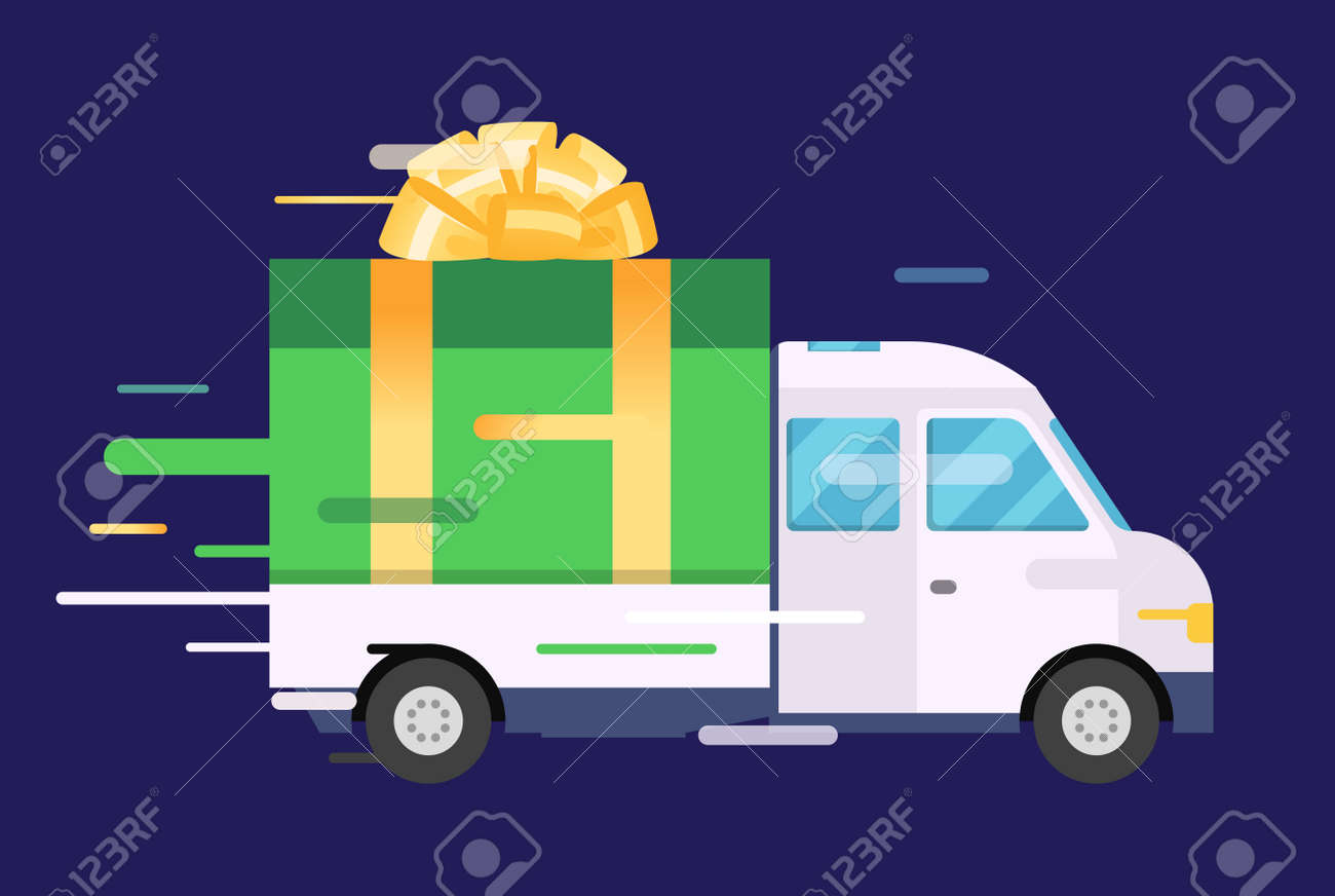 Camion De Transport De Vecteur De Livraison Fourgon Avec Boite Cadeau Emballage Service Delivery Van Camion De Livraison Boite De Cadeau Boite De Mariage Anniversaire Boite Produits De Produits De Transport D Expedition