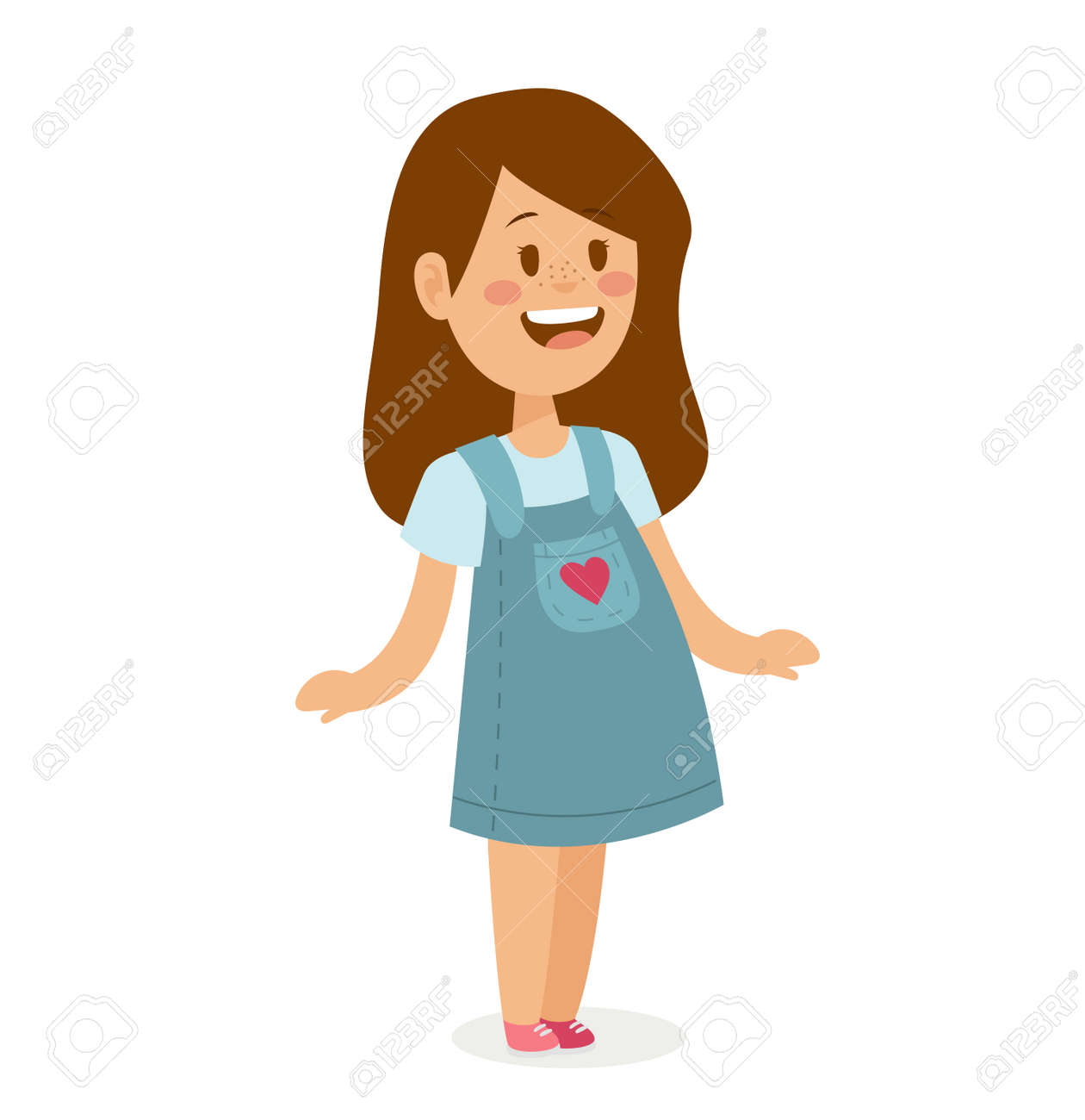 かわいい小さな女の子のかわいい ドレス 白い背景で遊ぶ女の子 笑顔の女の子 ベクトルの女の子のイラスト 若い女の子のコンセプトです 子供の頃 子供たち 若い人たち ティーンエイ ジャーの子供子供の漫画のスタイル のイラスト素材 ベクタ Image