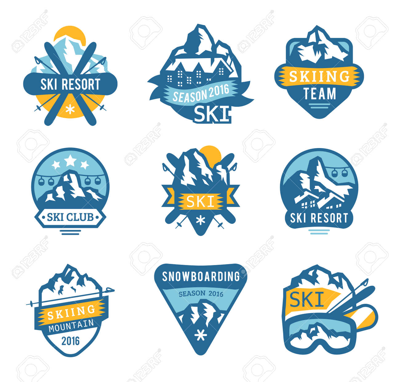 スキー リゾートのロゴのエンブレム ラベル バッジ ベクトルの要素 極度なスキー スノーボード リゾート クラブのバッジを設定します 冬ゲーム 屋外の冒険スキー スノーボード ロゴ バッジ ビンテージ スタイル スキー リゾートのロゴ アイコン のイラスト素材