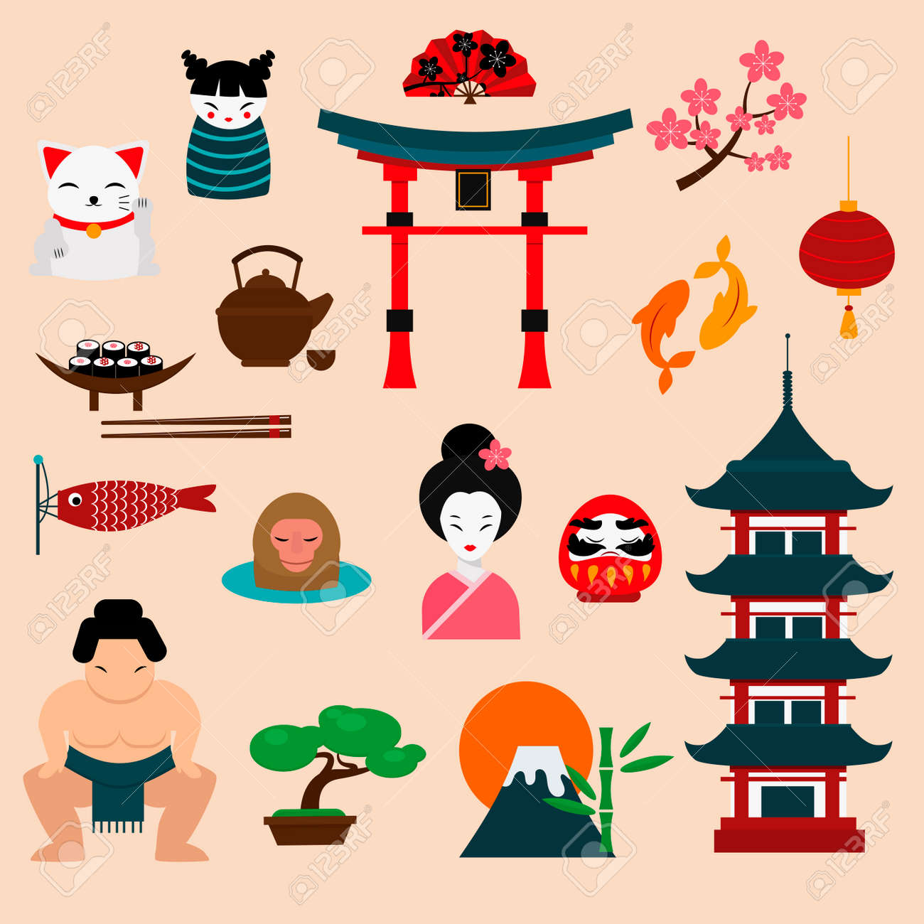 Japan Landmark Travel Vector Icons Collection. Japan Culture ...