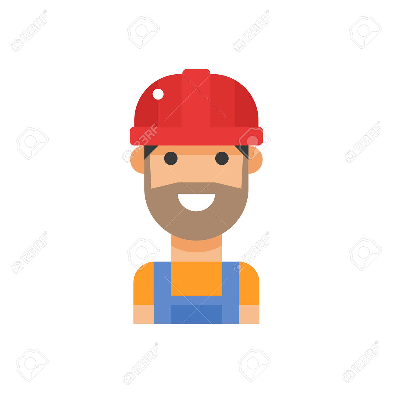 漫画ベクトル ワーカー キャラクター顔 ワーカー漫画キャラ イラスト 赤いヘルメットと漫画ワーカー専門職の人労働者 漫画ワーカー フラット スタイル のイラスト素材 ベクタ Image