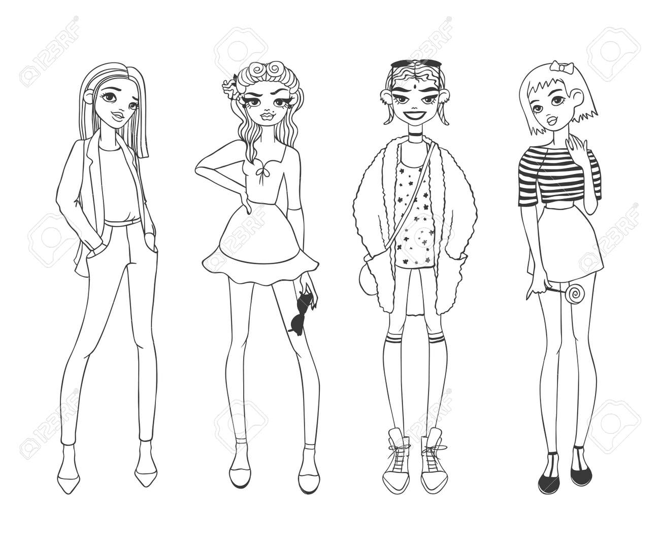 若く美しいファッションの女の子服を着てカジュアルなスケッチ魅力のスタイリッシュな服 女の子服のスケッチに見えるモデル ファッション カジュアルな女の子の 純粋な美しさの漫画は フラットのベクトル図をスケッチします のイラスト素材 ベクタ Image
