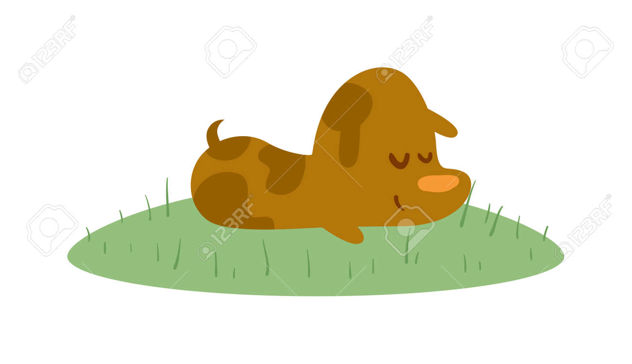 ベクトルの犬が草の上に寝ています 漫画面白い犬の睡眠に孤立した白い背景 犬の睡眠 かわいい子犬が寝ています リトル ブラウン 犬かわいい パット睡眠のイラスト素材 ベクタ Image