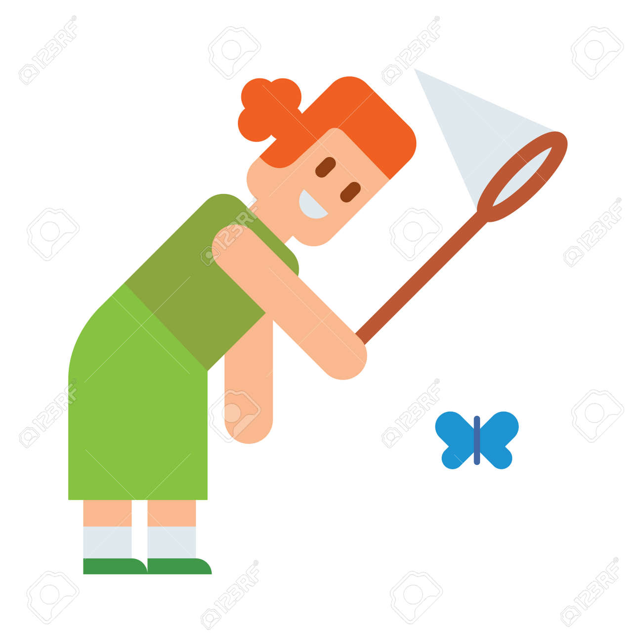 Cuus 少女持株蝶純手と楽しい蝶の純夏の女の子 屋外ネットで蝶を捕まえます Net のかわいい漫画のベクトルで蝶を捕まえるを直そうとします のイラスト素材 ベクタ Image