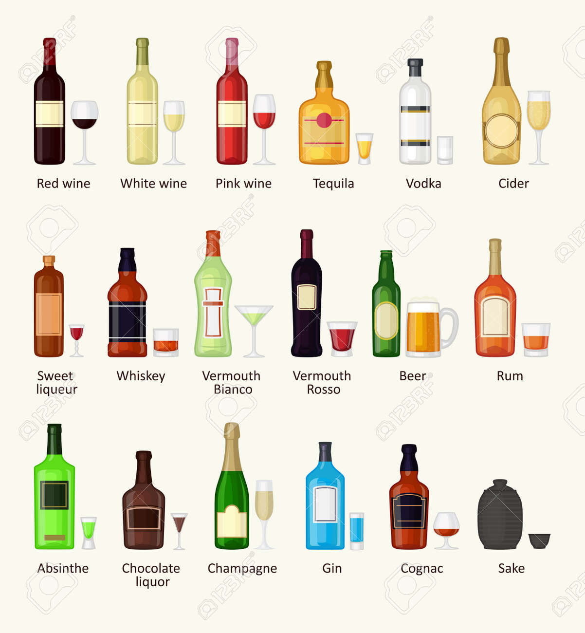 Alcohol drinks beverages and alcohol cocktail whiskey drink bottle lager refreshment container. Alcohol menu drunk concept. Set of different alcohol drink bottle and glasses vector illustration. - 54656739 Alcohol drinks beverages and alcohol cocktail whiskey drink bottle lager refreshment container. Alcohol menu drunk concept. Set of different alcohol drink bottle and glasses vector illustration. - 54656739