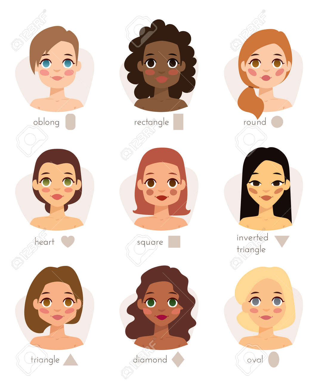 Set Of Different Woman S Face Types Shapes Female Head Vector