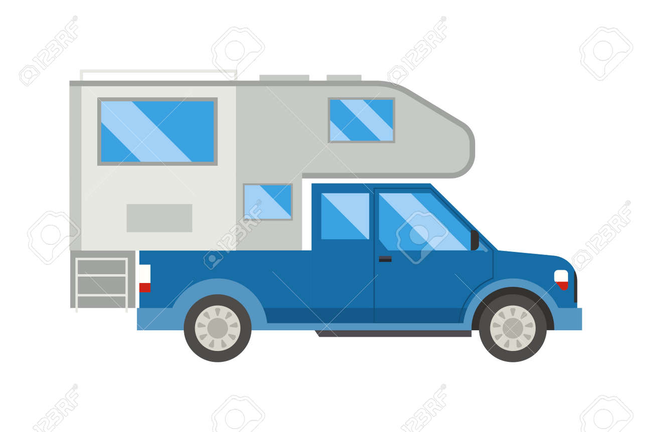 家族旅行キャンプのトラック車の道路で運転 屋外旅トラック キャンピングカー旅行休暇の概念 トラック車キャラバン キャンピングカーのキャンプ バン キャンプのトラック車の休暇の輸送 のイラスト素材 ベクタ Image