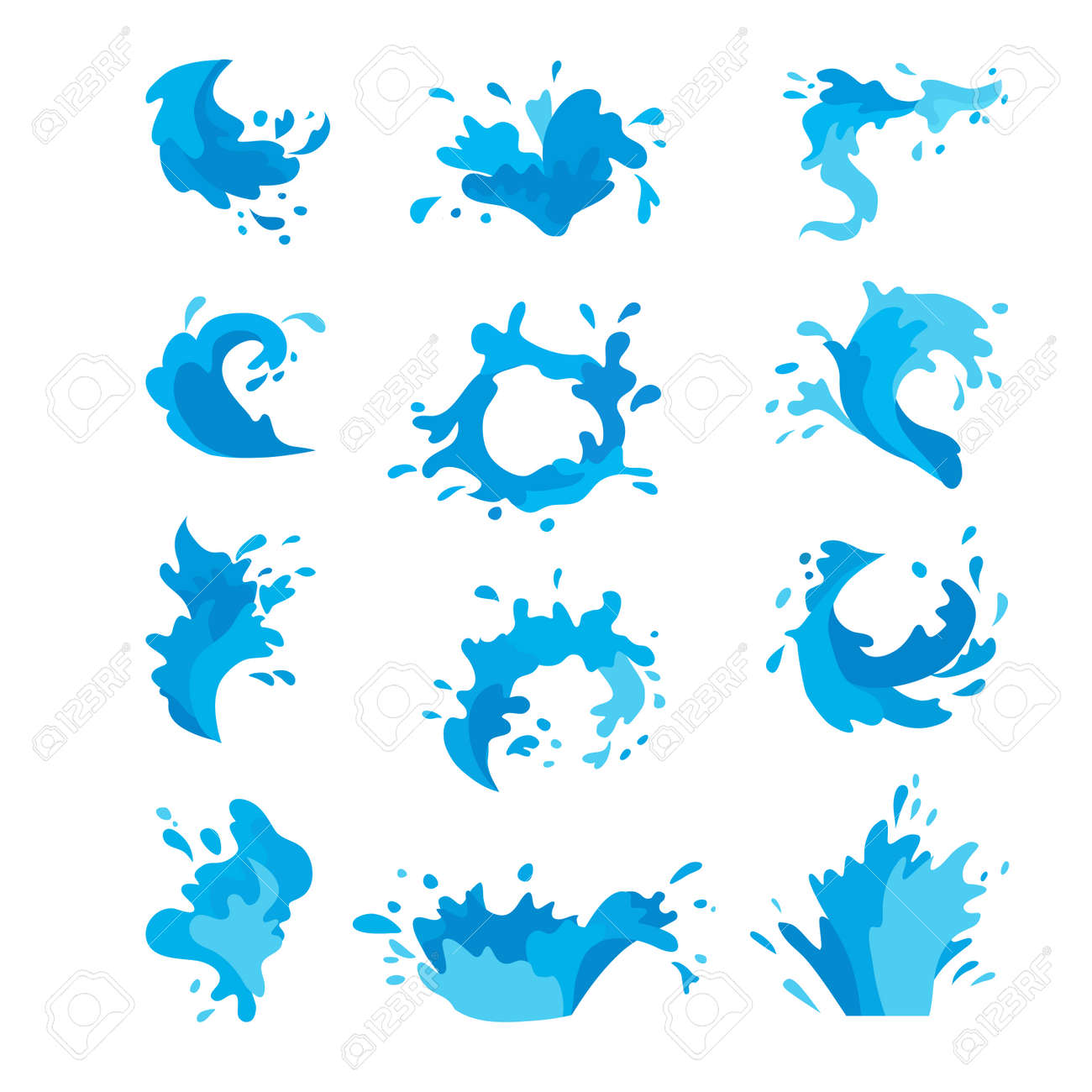 Leau éclabousse Collection Vector Set Verser Goutte Spa Symbole Dessin Animé éclaboussures Deau Mouvement Vecteur éclaboussures Bleu Transparent