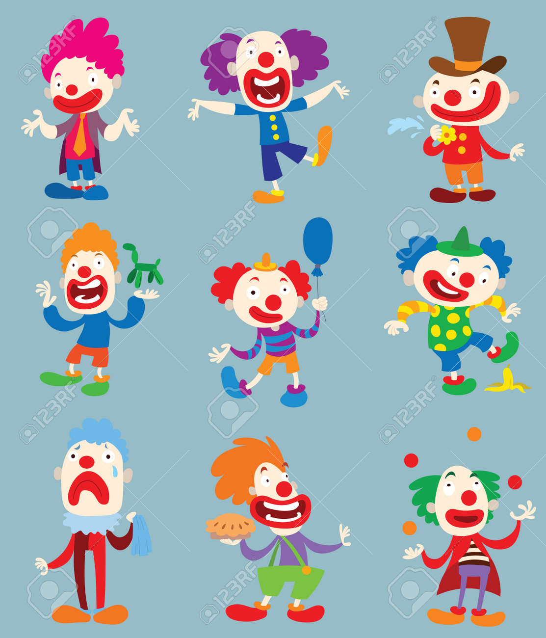 Set di carattere pagliaccio eseguire diverse attività divertenti illustrazioni di vettore dei cartoni animati. carattere pagliaccio divertente felice Set di carattere pagliaccio eseguire diverse attività divertenti illustrazioni di vettore dei cartoni animati. carattere pagliaccio divertente felice