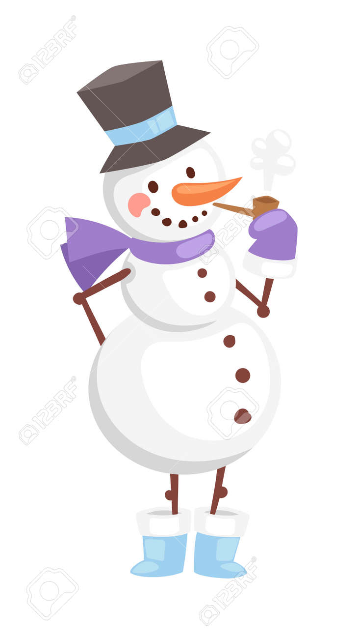 Vector De Dibujos Animados Muñeco Nieve Blanco Lindo En Ropa Con Atributos De Navidad En Las Manos Sobre Blanco. Color De Personajes De Dibujos Animados Del Muñeco Nieve. Muñeco
