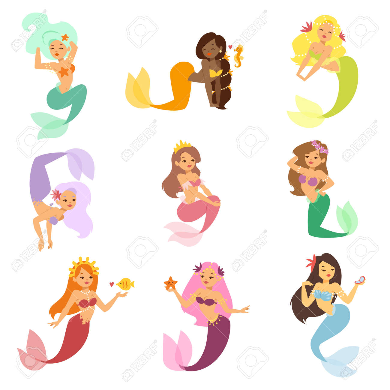 人魚の文字デザイン サンゴは 水生生物の概念図を設定します 人間の神秘的な女性海底描画マーメイド ニキシー文字 漫画ニンフ女の子海マーメイド ニキシー文字 のイラスト素材 ベクタ Image