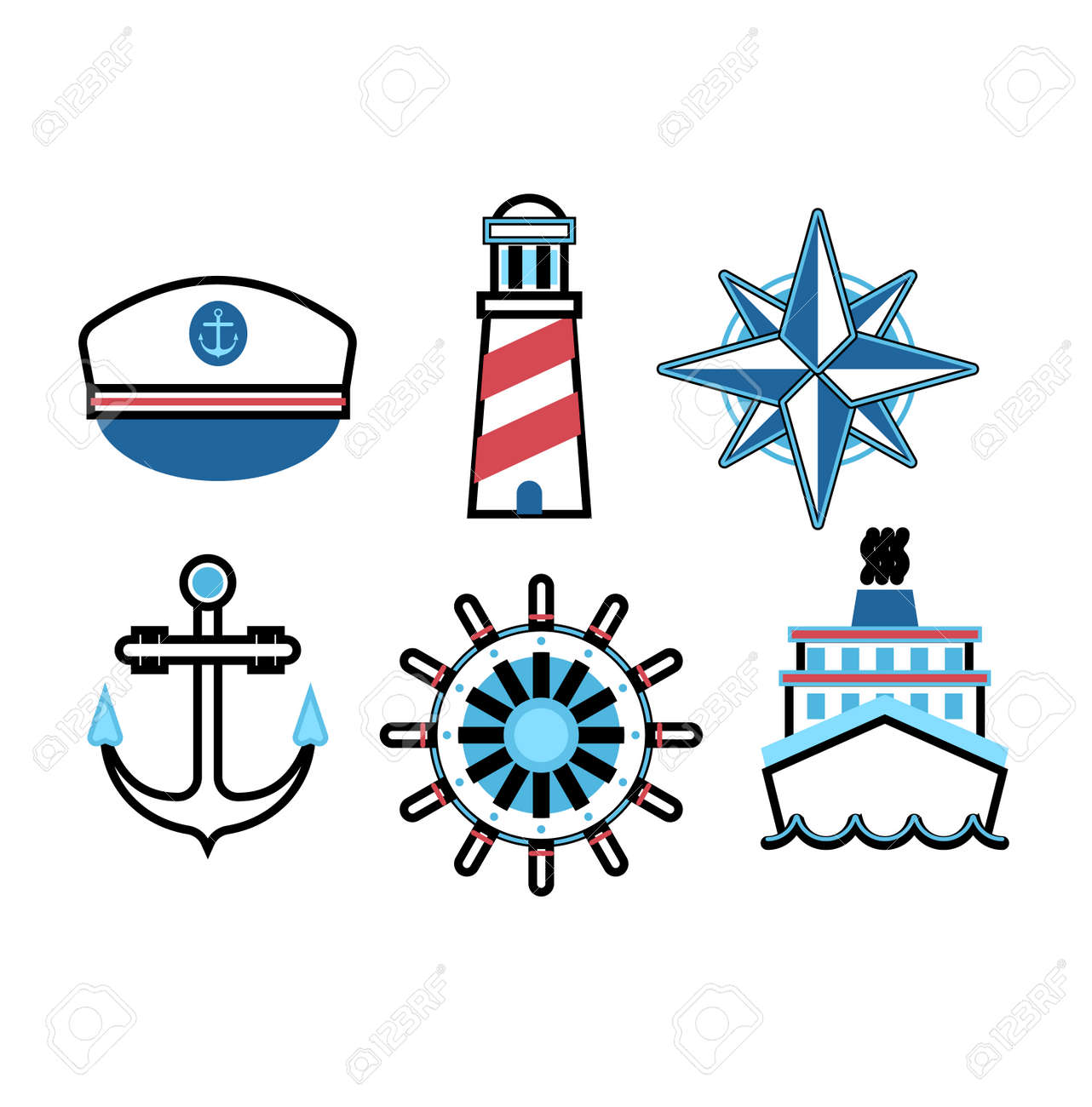 set of marine sea icons and nautical decorations isolated