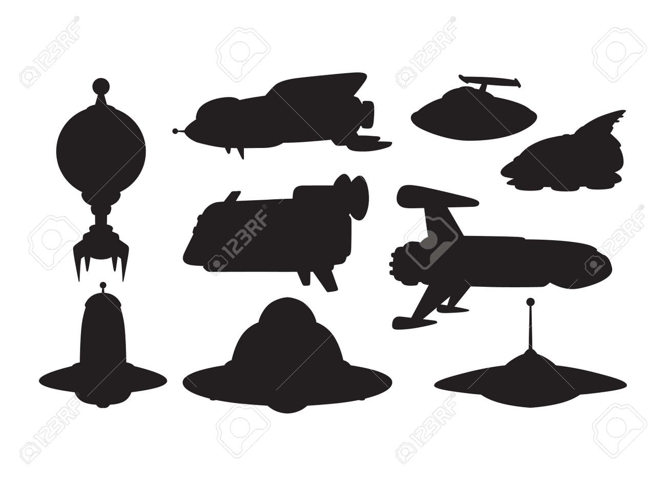 big collection of ufo crafts and space stations silhouette vector