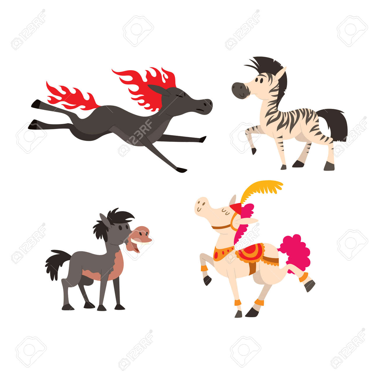 白い背景の文字の漫画馬 漫画の馬のベクトル かわいい漫画馬ファーム動物幸せたてがみ馬キャラクター デザイン かわいい漫画馬乗馬 哺乳動物 サラブレッド のイラスト素材 ベクタ Image