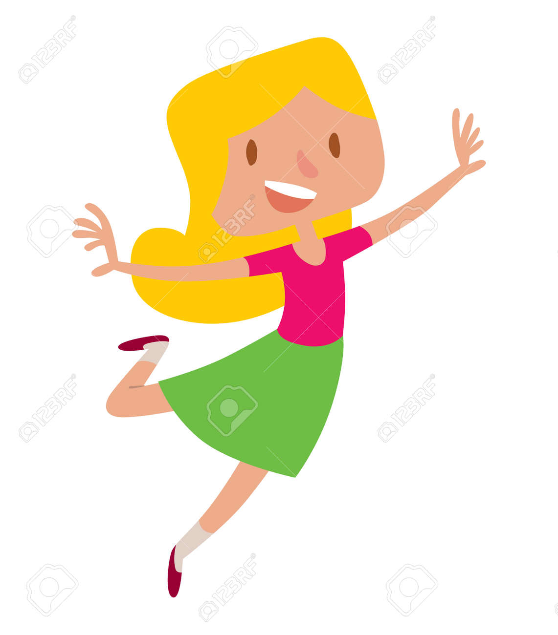 ライフ スタイル健康的なほほ笑みを踊る幸せな女の子のイラスト 楽しい人美しい幸福幸せなジャンプ女 幸せジャンプ少女陽気な自由のかわいい若いジャンプ喜びベクトルです のイラスト素材 ベクタ Image