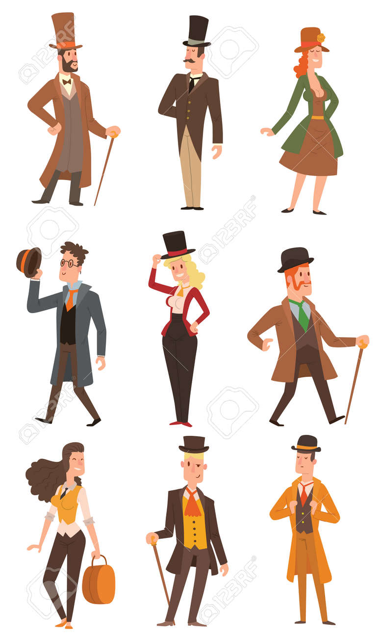 ビンテージのビクトリア朝の人々 のコレクションのベクター デザイン スタイル ファッション古い人々 のベクター ビクトリア朝の紳士の人 紳士服 アンティーク世紀文字ビクトリア朝の紳士の人ビンテージ スタイル のイラスト素材 ベクタ Image
