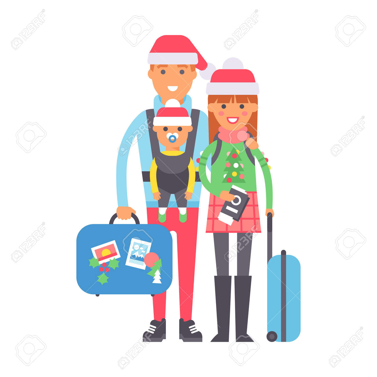 スーツケースを旅行する準備ができて立っている旅行カップル 人々 は旅行コンセプトです ベクトルの休暇家族の文字夏の観光 荷物とパスポートを持つ家族 バッグと旅行人観光 のイラスト素材 ベクタ Image