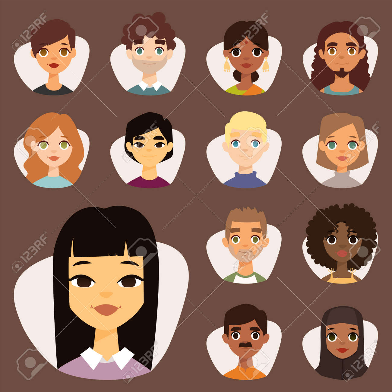 顔の特徴の異なる国籍の服と髪型人文字ベクトル イラスト多様なラウンド アバターのセットのイラスト素材 ベクタ Image