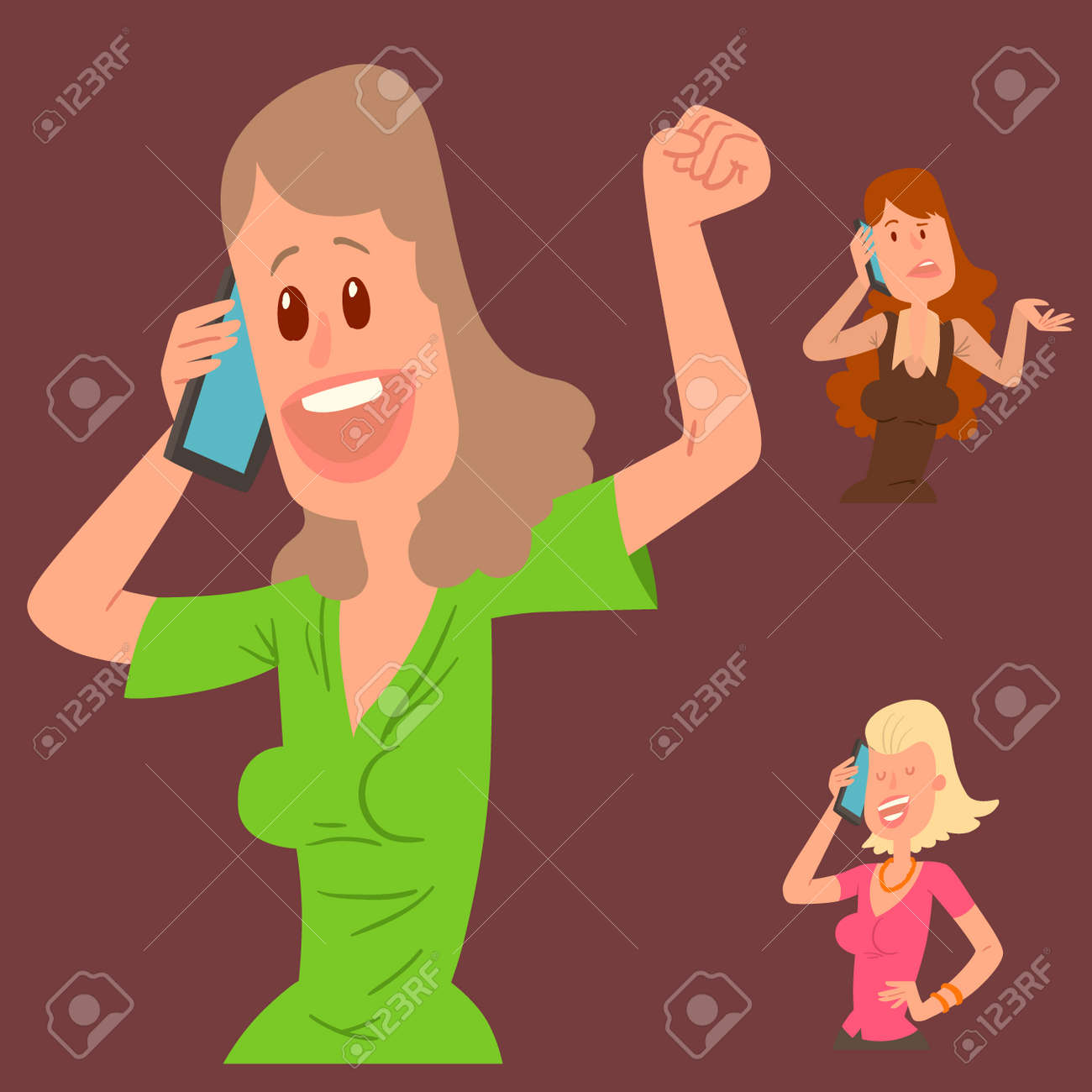 成功した若い女の子の文字ベクトルが彼の携帯電話のイラストの話 のイラスト素材 ベクタ Image