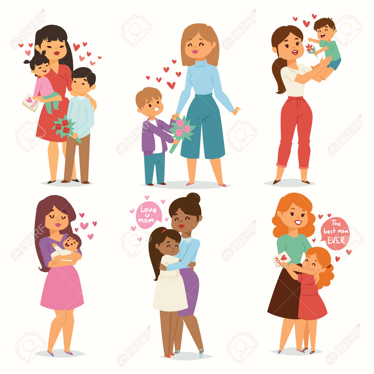 Mother and children kids with flower bouquet love heart couples. Mothers, Valentine or Womans 8 march day. Spring or summer family holiday beautiful female character Mothers Day celebration present - 95299092 Mother and children kids with flower bouquet love heart couples. Mothers, Valentine or Womans 8 march day. Spring or summer family holiday beautiful female character Mothers Day celebration present - 95299092