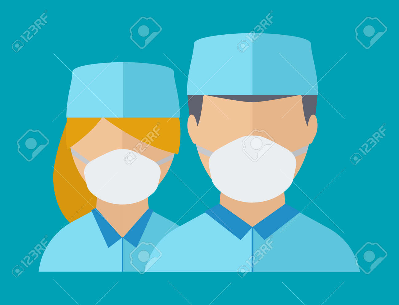 医師の専門家ベクトルアバター顔医療スタッフの人々 医療ドキュメントの専門家は フラットデザインの人々のキャラクターをコンセプト 医師の男女医療センター フェイスマスク制服ベクトルのイラスト素材 ベクタ Image